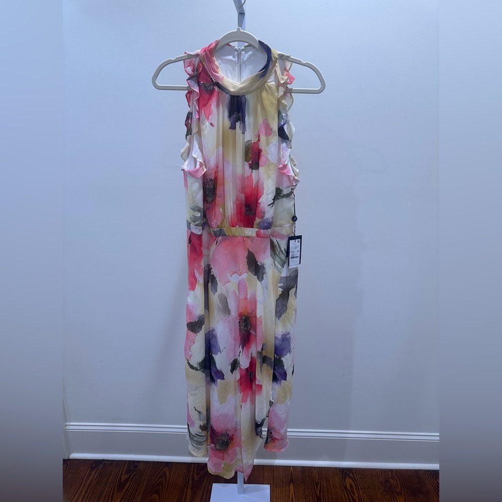 Adrianna Papell Pink Floral Ruffle Halter Midi Dress – Size 16 NWT - Picture 3 of 7